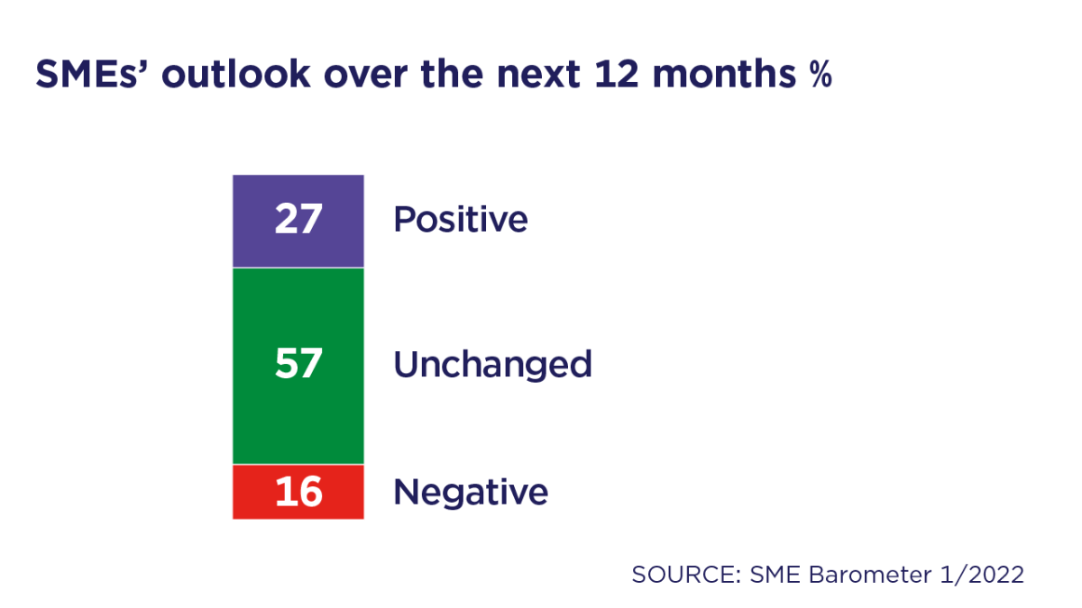 SME´s outlook over the next 12 months %. Source: SME Barometer 1/2022.