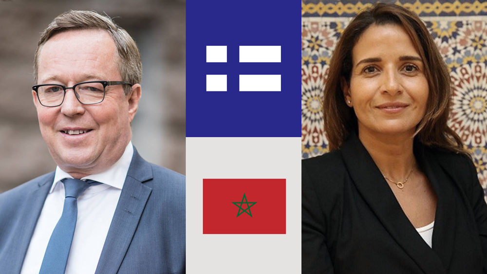 Ministeri Lintilä ja Marokon ministeri Laura Benali sekä Suomen ja Marokon liput