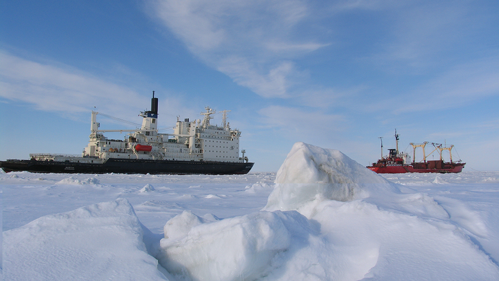 Finnish icebreaker at work on a frozen sea