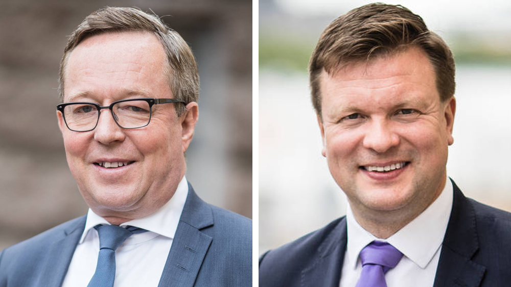 Elinkeinoministeri Mika Lintilä ja kehitysyhteistyö- ja ulkomaankauppaministeri Ville Skinnari lähikuvassa kahdesta erillisesti kuvasta koostetussa yhdistelmässä.