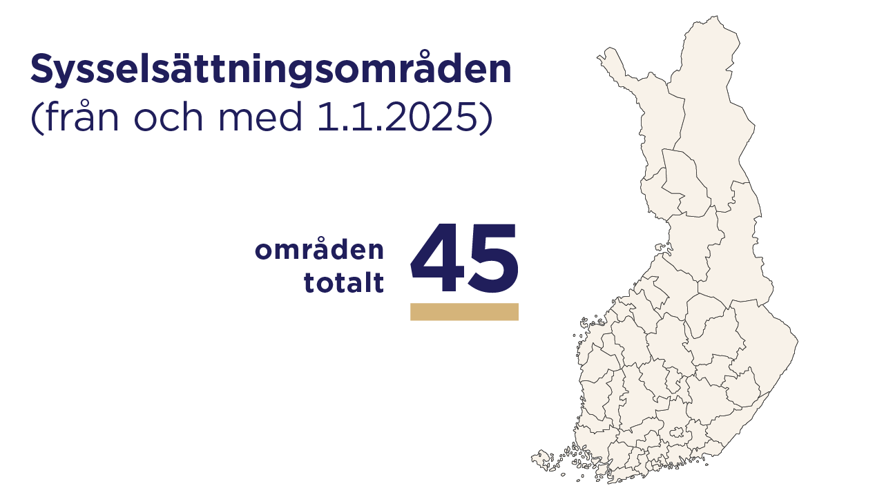 Karta över sysselsättningsområdena fr.o.m. den 1 januari 2025. Områden totalt 45.