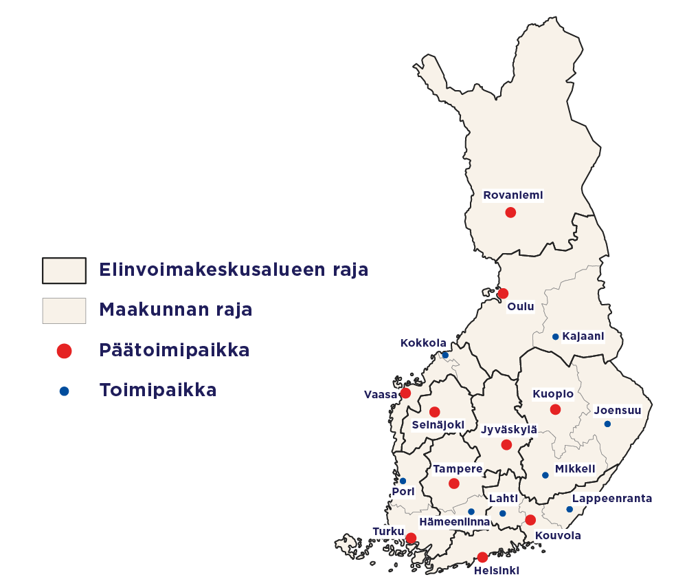 Elinvoimakeskusten toimipaikat kartalla vuonna 2026.