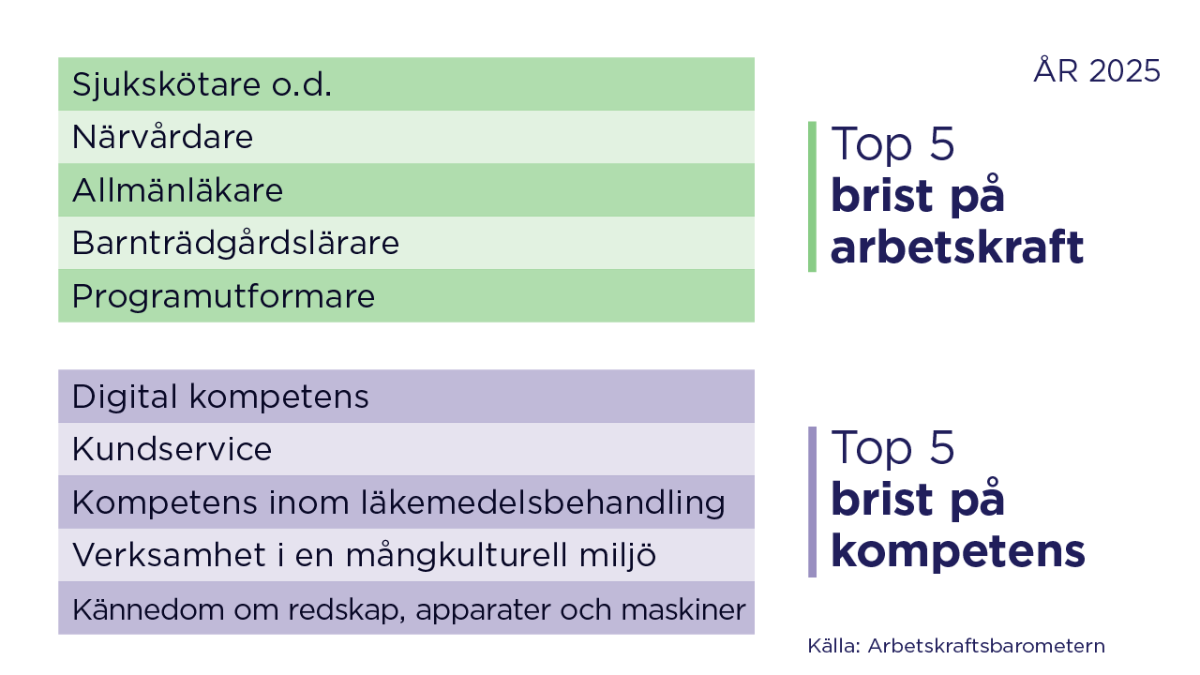 År 2025. TOP 5 brist på arbetskraft: Sjukskötare o.d., Närvårdare, Allmänläkare, Barnträdgårdslärare och Programutformare. TOP 5 brist på kompetens: Digital kompetens, Kundservice, Kompetens inom läkemedelsbehandling, Verksamhet i en mångkulturell miljöKännedom om redskap, apparater och maskiner. Källa: Arbetskraftsbarometern