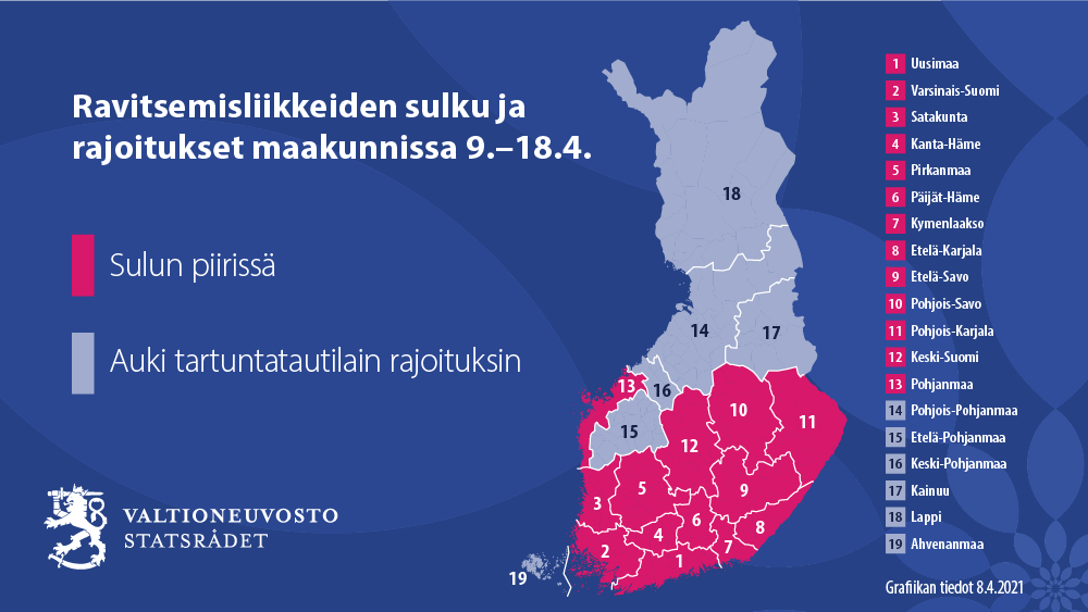 Kuvassa on Suomen kartta. Karttaan on merkitty maakunnat, joissa ravitsemisliikkeiden sulku on voimassa 9.–18.4., sekä maakunnat, joissa ne voivat olla auki tartuntatautilain rajoituksin. Samat tiedot löytyvät tiedotteestamme. Grafiikan tiedot on päivitetty 8.4.