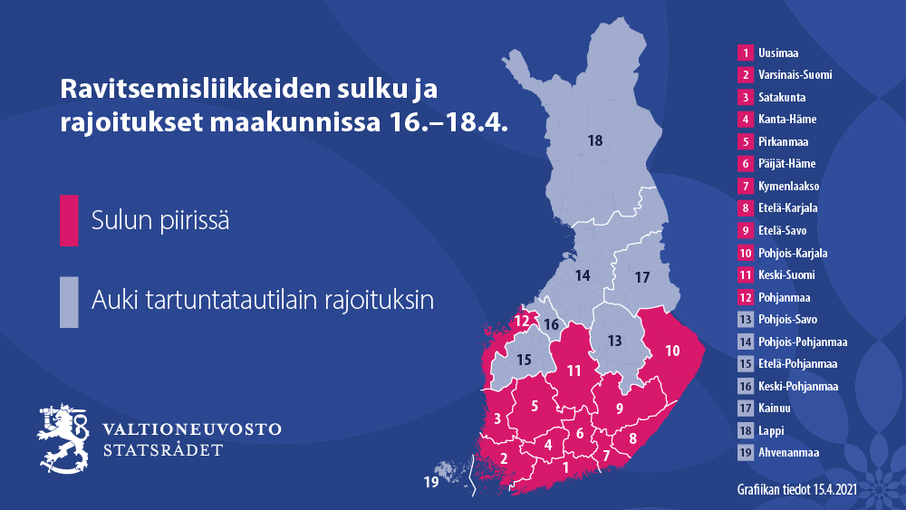 Kuvassa on Suomen kartta. Karttaan on merkitty maakunnat, joissa ravitsemisliikkeiden sulku on voimassa 16.–18.4., sekä maakunnat, joissa ne voivat olla auki tartuntatautilain rajoituksin. Samat tiedot löytyvät tiedotteestamme. Grafiikan tiedot on päivitetty 15.4.